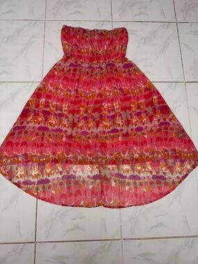 feathers Strapless Pink and Coral Watercolor Print Dress